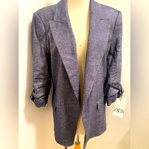 ZARA Women's Indigo Linen Blend Blazer - Size L - NEW